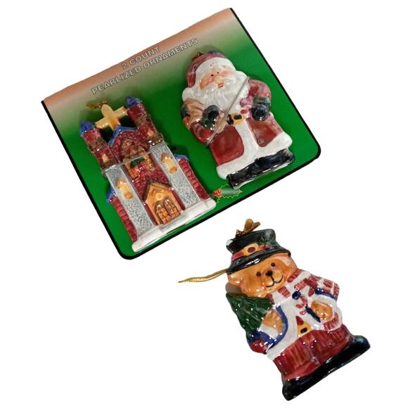 🎄 Vintage Ornament Trio | Santa Church Bear 🧸3–4" Tall Holiday Splendor ✨ - Picture 2 of 14